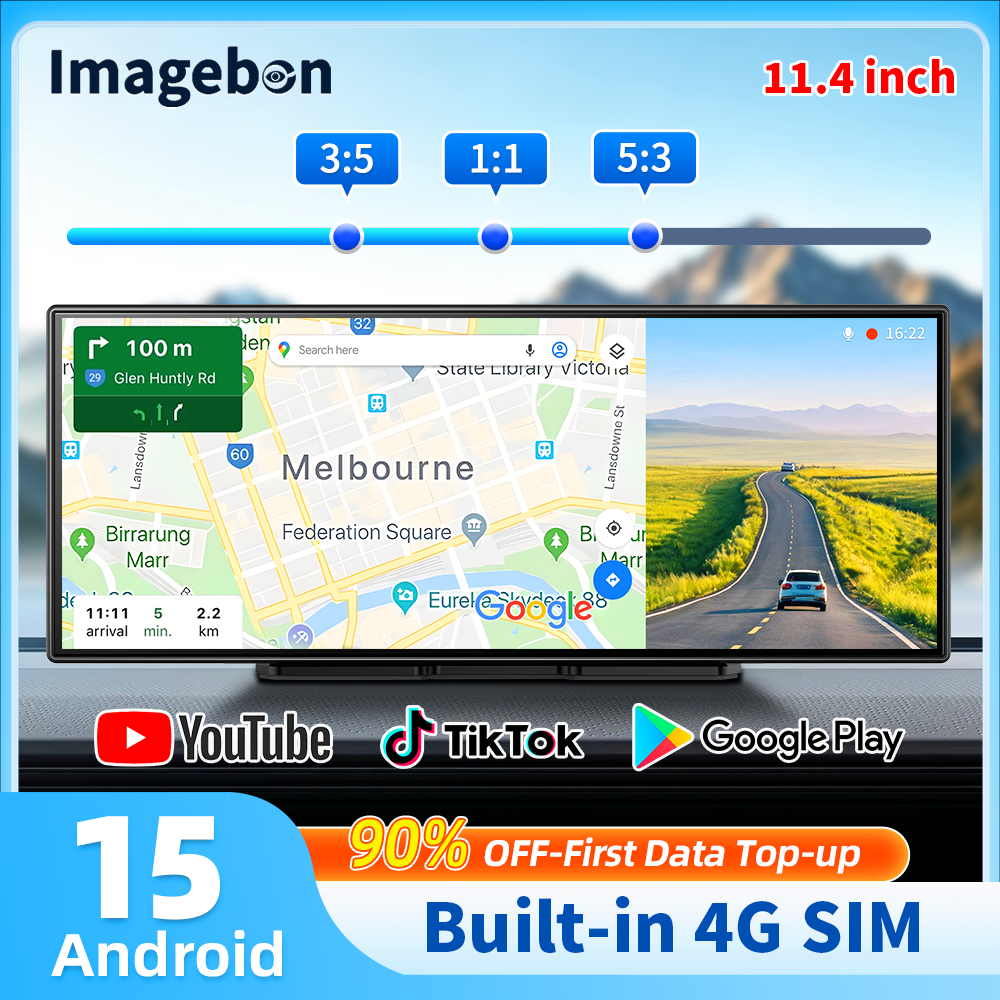 Imagebon M80 11.4インチ 4G Android 15 ダッシュカム 8 コア ワイヤレス CarPlay Android 自動分割画面 GPS Youtube パーキングモニター 車 DVR