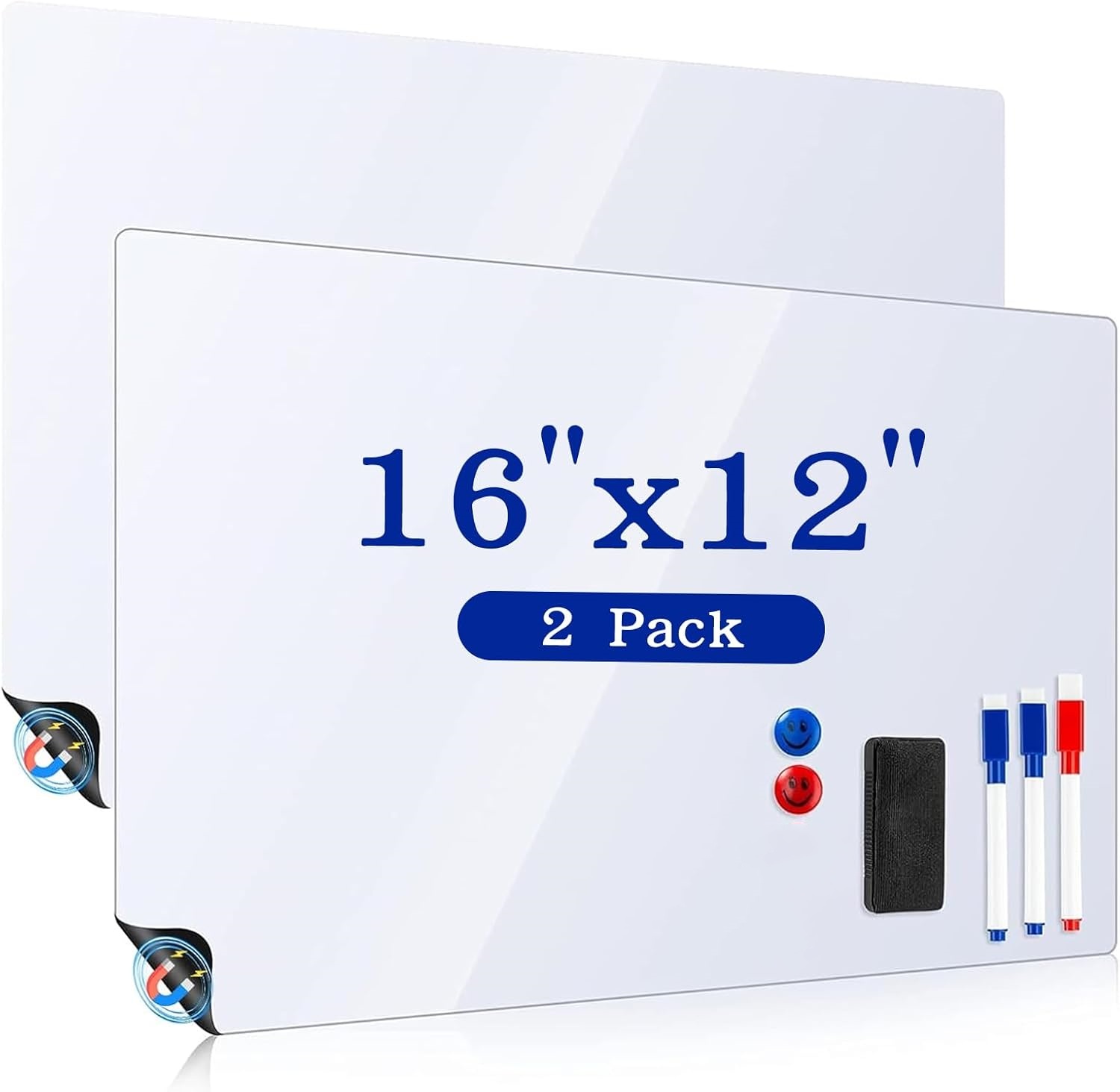冷蔵庫用マグネット式ホワイトボード、2個パック 12x16インチ ドライイレースボード 冷蔵庫用、キッチンオーガナイザープランナー マーカー3本付き、