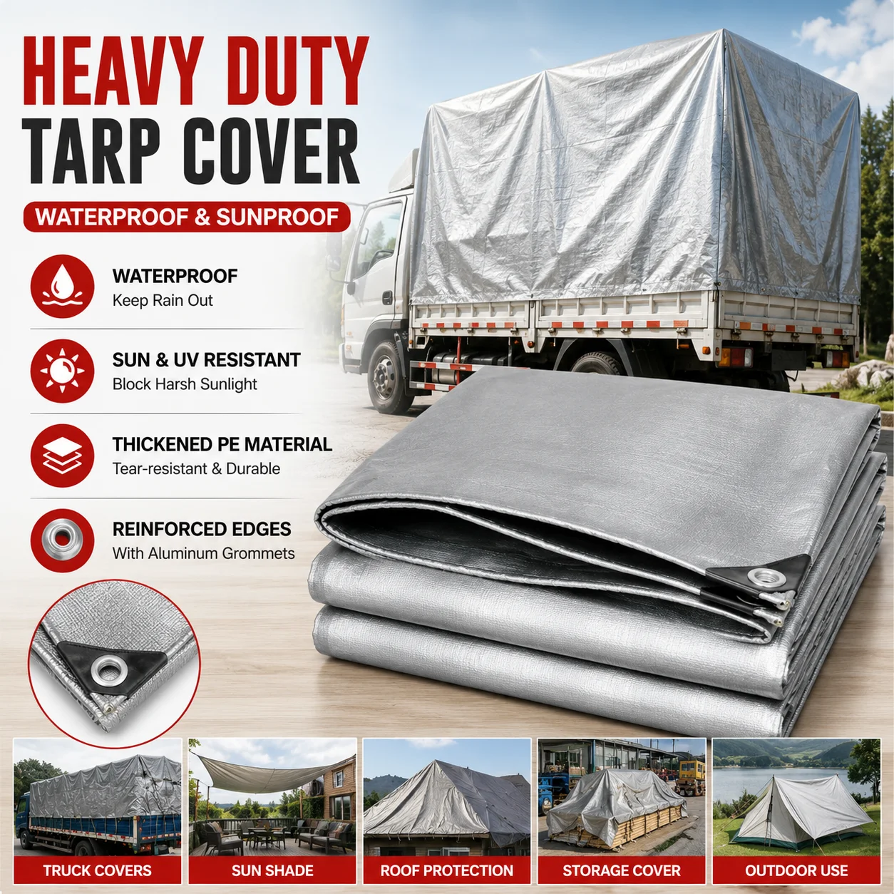 Double Thickened Waterproof Tarpaulin Heavy Duty PVC Silver Coated Tarp Heat Seamless Rainproof Sunscreen Shed Cloth for Truck