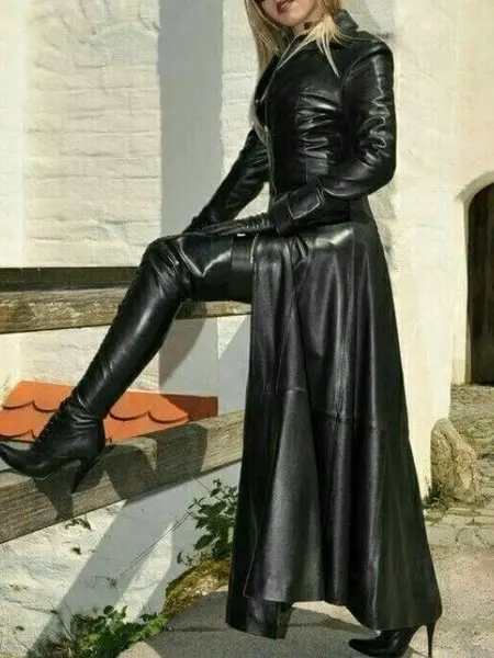 女性ヴィンテージフェイクレザーコートロングジャケット大サイズフェイクレザートレンチコート秋レトロオーバーコートファッションレディース衣装