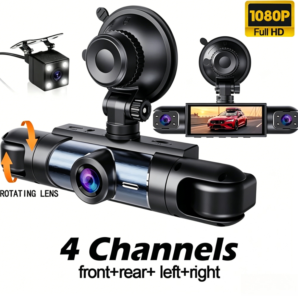 ダッシュカム 1080P 360° 車両 DVR ドライブレコーダー 4 チャンネル 3.16 インチ LCD スクリーン回転可能なレンズ、ナイトビジョン、ループ録画