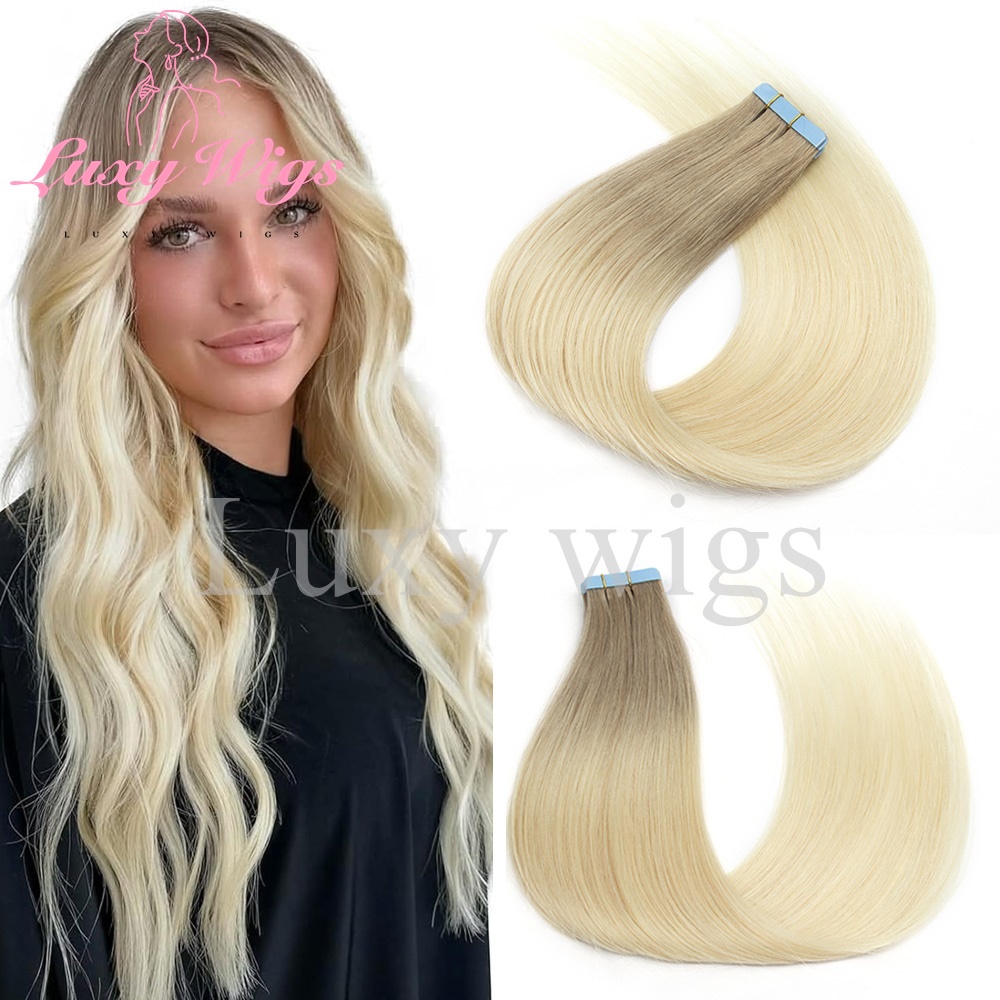 ハイライト ブロンド テープ ヘアエクステンション 人毛 ストレート ブラック ブロンド シームレス PU スキン横糸テープ ヘアエクステンション 20 個