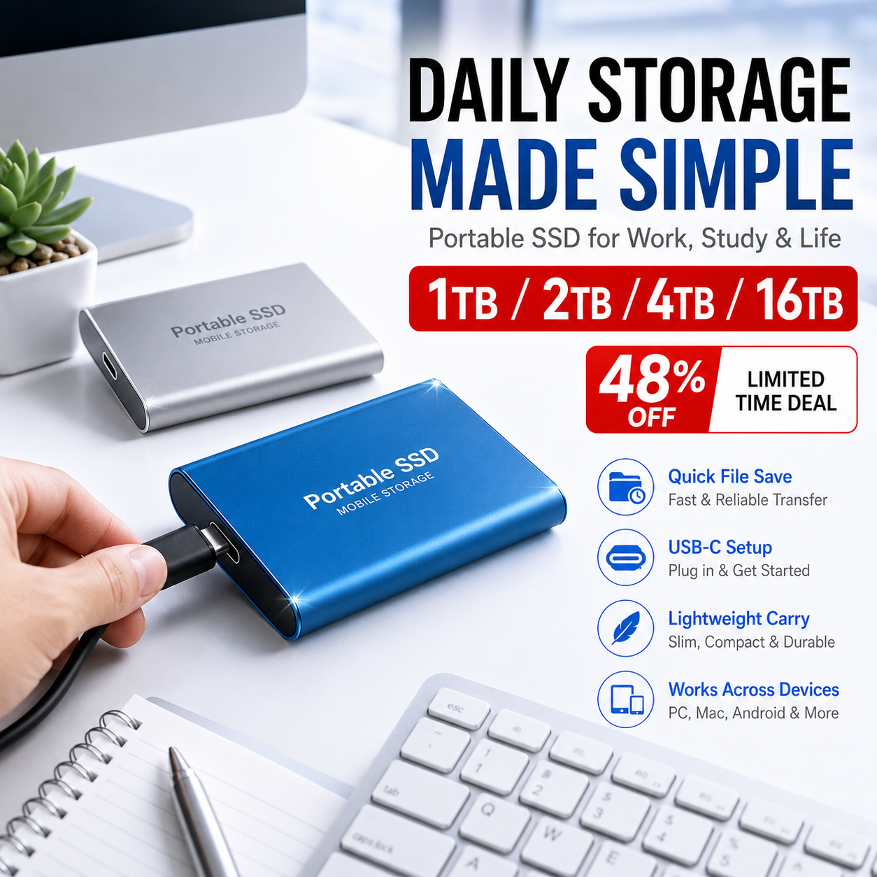 2TB 高速ポータブル ハードドライブ 外付け SSD ハードディスク USB Type-C 高速ストレージ ラップトップ/Mac/PC 用