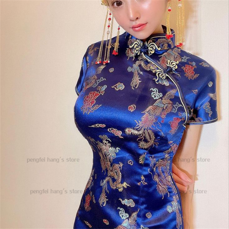 ネイビーブルーの伝統中国の女性のドレスショートサテン袍ヴィンテージドラゴンフェニックスジャカードチャイナドレスショートミニパーティードレス