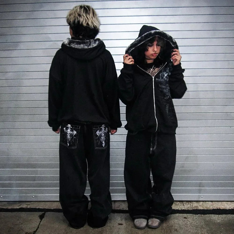 新しい Y2K ストリートジーンズアメリカンストリート服メンズレディース原宿スカルストレートワイドレッグパンツヒップホップカジュアルパーカートップ