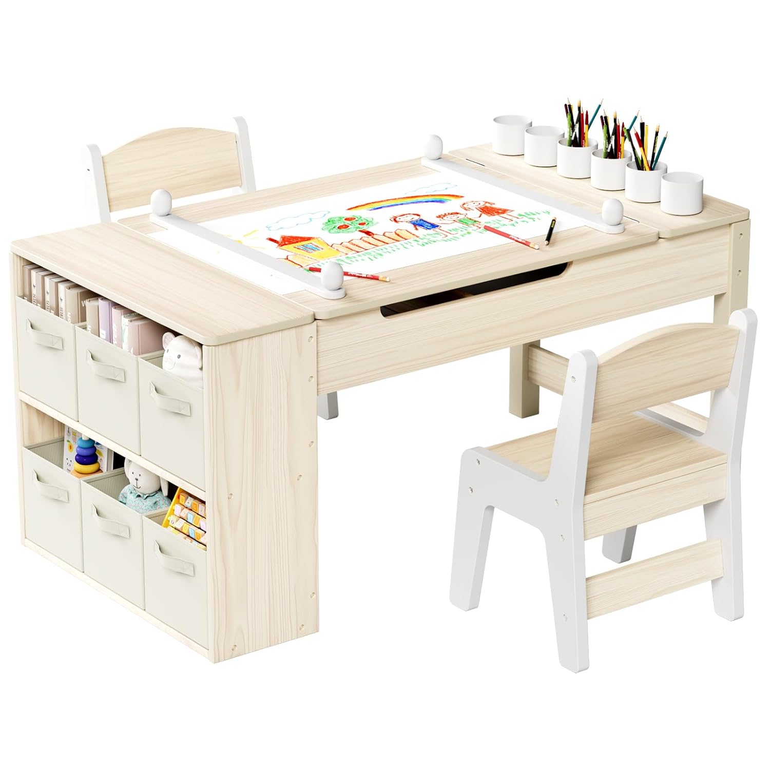 3 in 1 キッズアートテーブルとチェアセット、幼児用木製アクティビティ/クラフトテーブル、大型デスク、椅子2脚とアート、カスタマイズ