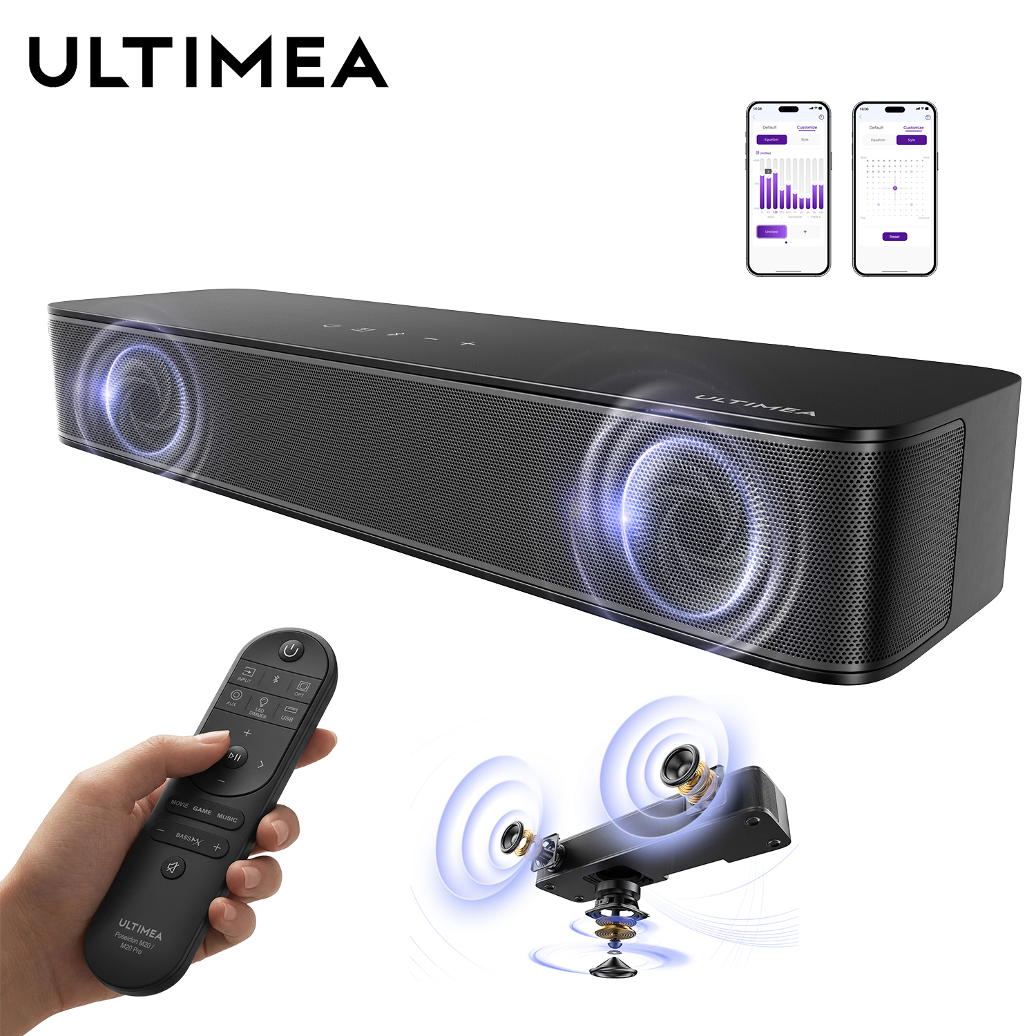 ULTIMEA 120W 2.1ch TV用コンパクトサウンドバー、3インチ内蔵サブウーファー、Bluetooth 5.4 TVサウンドバースピーカー