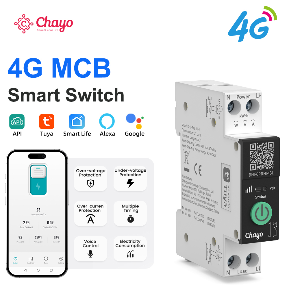 4G Tuya スマート スイッチ、過電圧および不足電圧保護、メータリング、マルチ タイマー スイッチ、スマート ライフ/アレクサ/アリスと連携