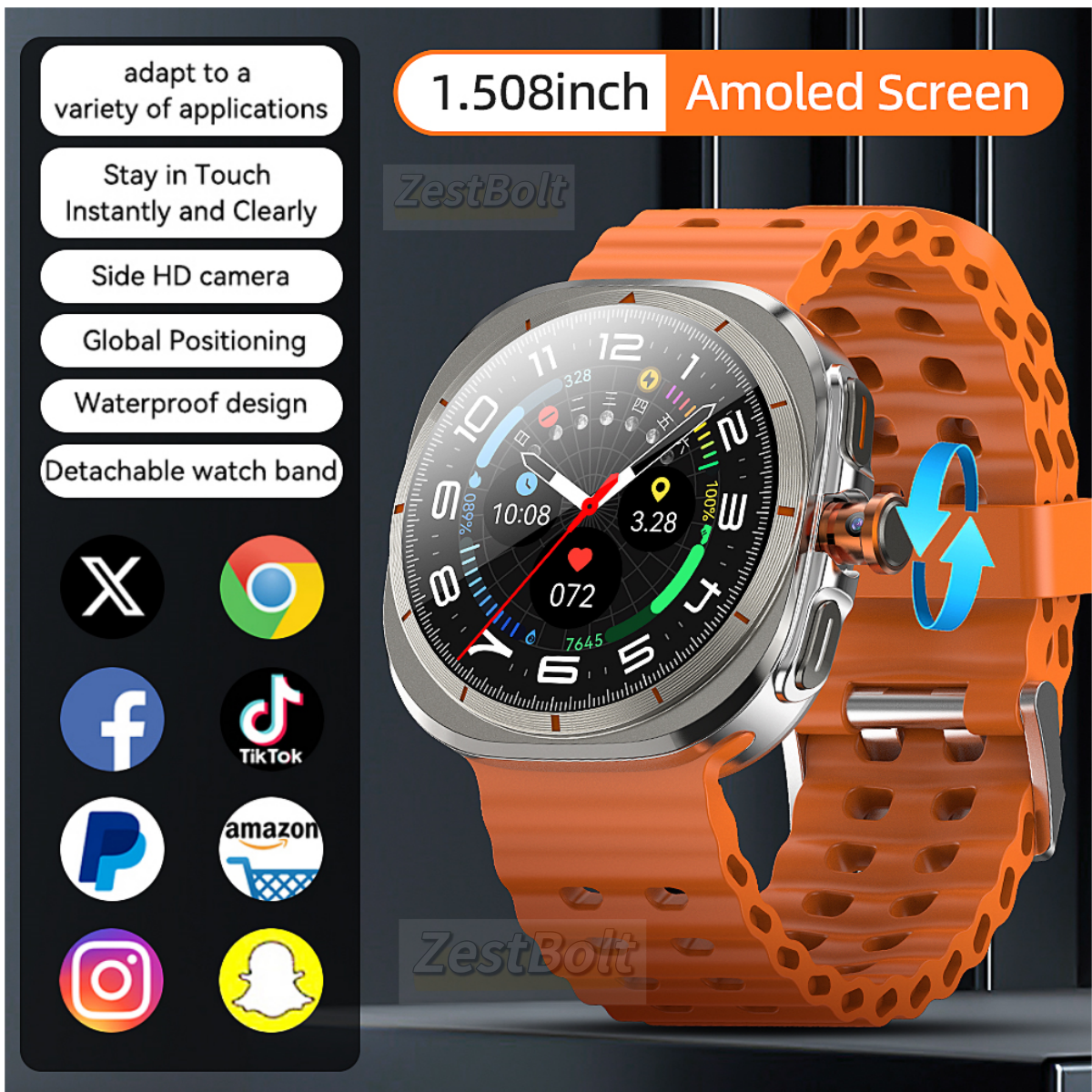 16 256GB スマートウォッチ 1.508 ''AMOLED スクリーンデュアルカメラ 4G SIM 通話正確な位置決め心拍数モニタリング Android スマートウォッチ