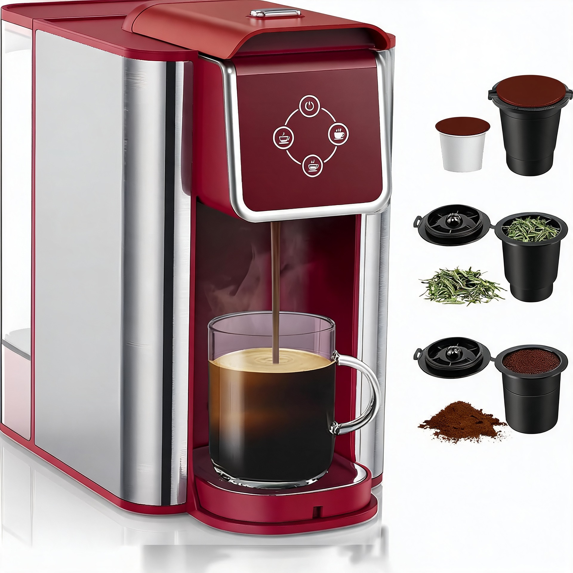 シングルサーブコーヒーマシン、3-in-1ポッドコーヒーメーカー、K-Podカプセル、挽いたコーヒー、リーフティー用、カップサイズ6～10オンス、5