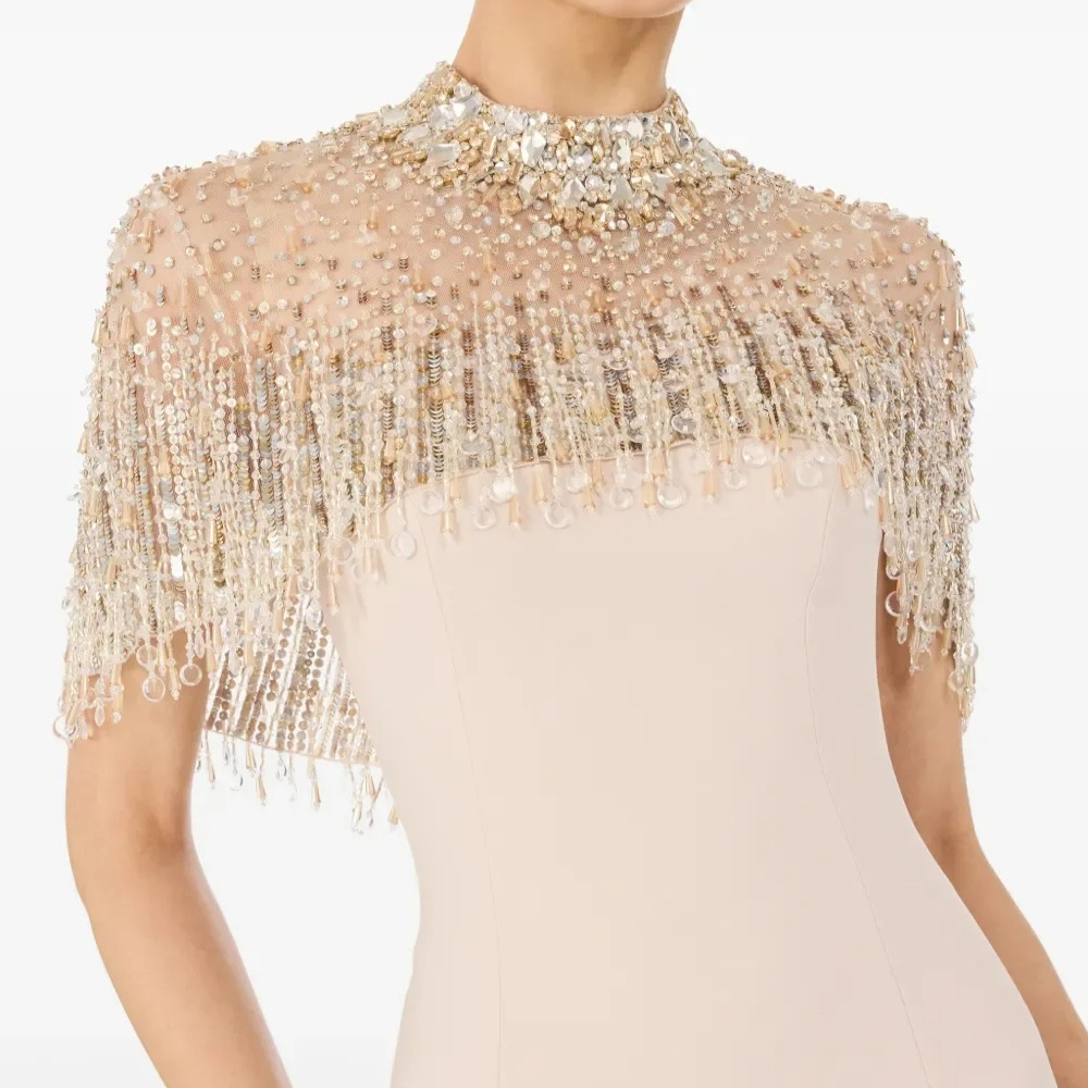 Luxury Bead Tassel Party Dresses High Collar Short Sleeve Jersey A-line Floor Length Evening Dress Back Zipper  Gown Customized