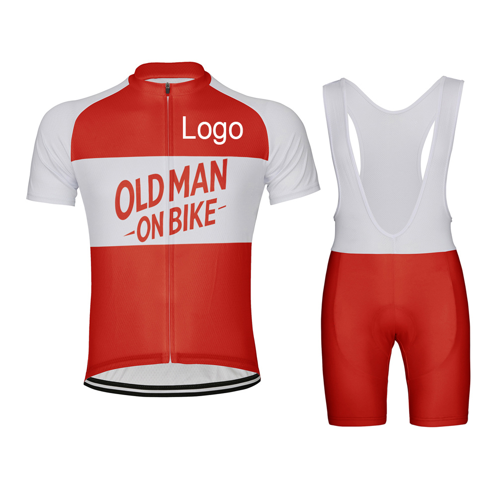 ピクチャーロゴカスタマイズOLD MAN ON BIKEメンズサイクルジャージ半袖レッドバイク服セット