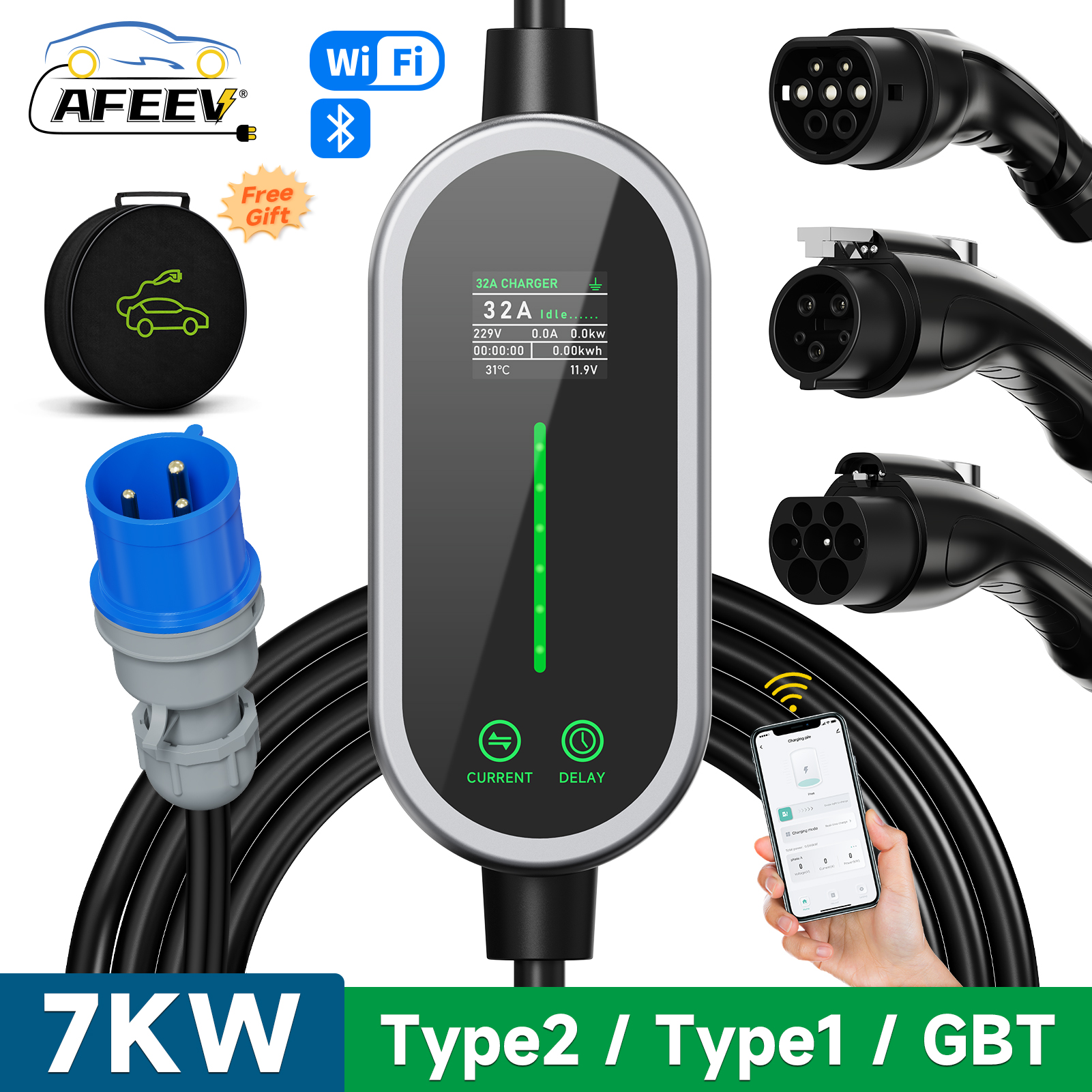 AFEEV 7KW 32A 1 相ポータブル EV 充電器タイプ 2 ウォールボックスタイプ 1/GBT EVSE 高速充電ケーブル CEE プラグ WiFi APP Bluetooth 制御