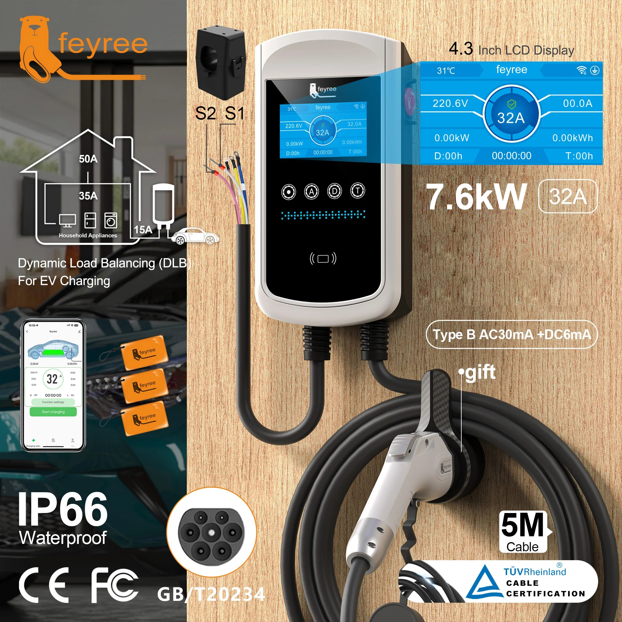 Feyree GB/T EV 充電器 7.6kw 32A ダイナミックロードバランシングウォールボックス 4.3 インチ LCD Wifi APP 充電ログ 11KW 22KW 3P 充電ステーション