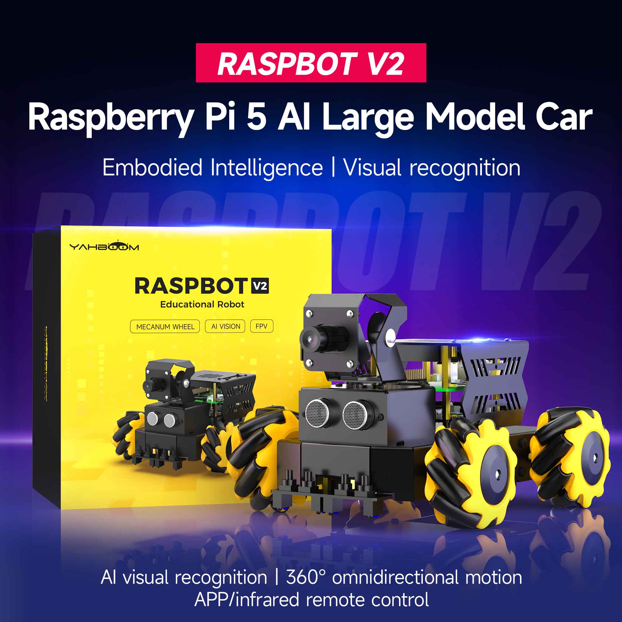 Yahboom Raspbot V2 AI 大型モデル ロボットカーキット カメラ付き メカナムホイールおもちゃ 教育用 Python プログラミング Raspberry Pi 5用