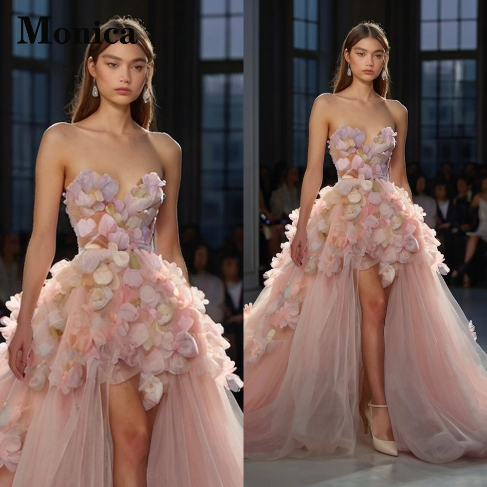 モニカ魅力的な恋人ウエディングドレス女性のための 3D 花ノースリーブハイローイブニングドレス Vestidos デ · フィエスタカスタマイズ