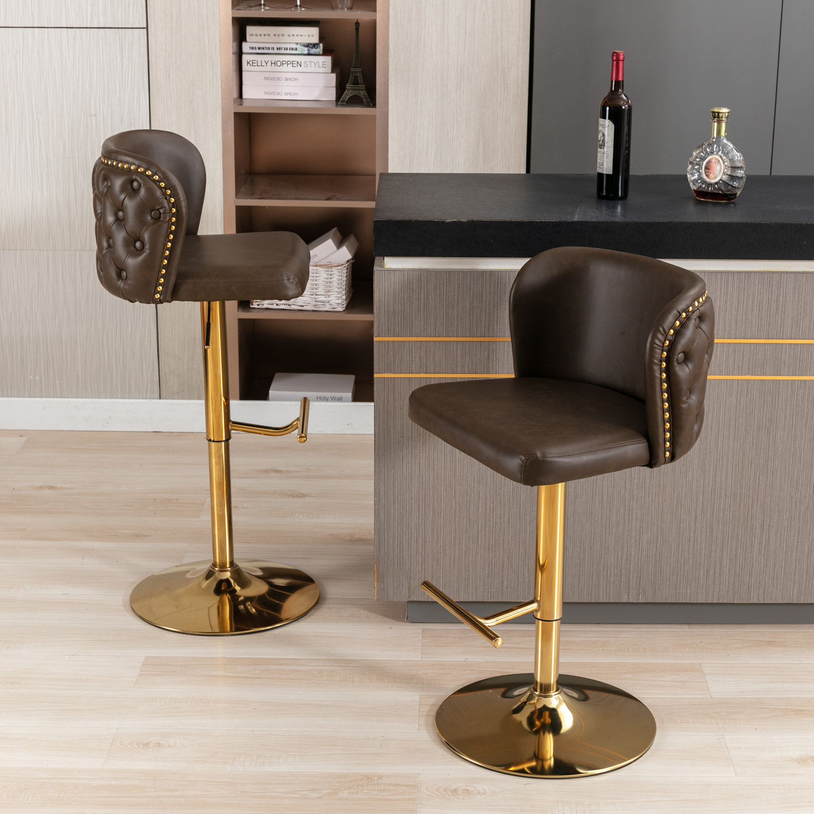 2pcs Swivel Barstools Adjustable Seat Height, Modern PU Upholstered Bar Stools for Home Pub and Kitchen Island