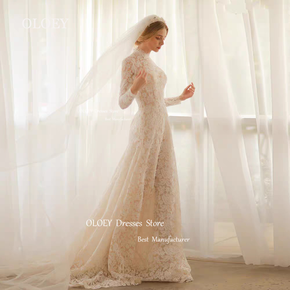 OLOEY 絶妙なレースのウェディングドレス ハイネック 長袖 ブライダルガウン ローブ・デ・結婚 スイープトレイン ボタンバック カスタマイズ