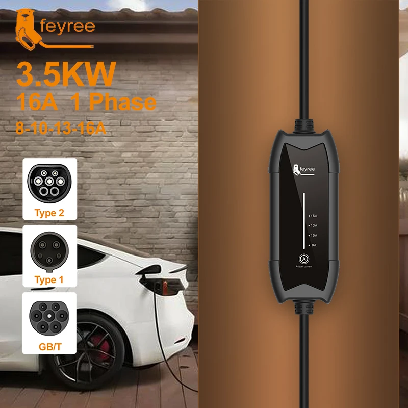 Feyree EV 充電器 Type2 16A 3.5KW 1 相 GB/T / Type1 電流調整可能 3.5 メートルケーブルポータブル充電ボックス電気自動車用