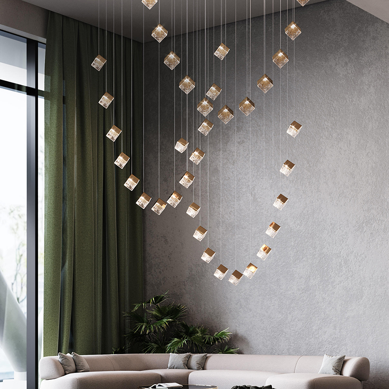 Modern Stair Chandelier ceiling Creative Glass Block Hanging lights LED Villa Duplex Living room Restaurant Bar Indoor Fixtures