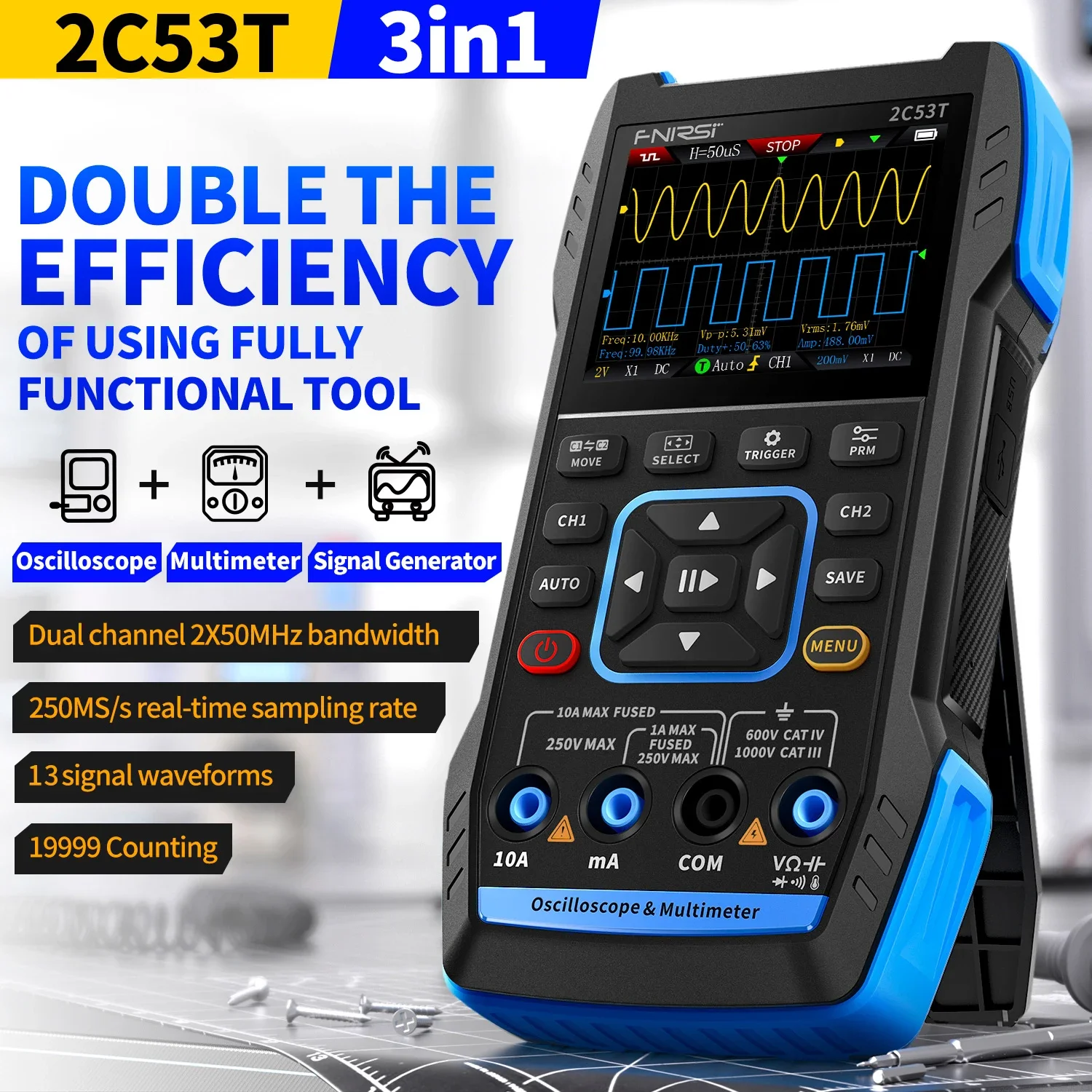 FNIRSI 2C53T アップグレード 3in1 オシロスコープ マルチメータ信号発生器 50MHz 帯域幅 250MS レート デュアル チャネル 20000 カウント