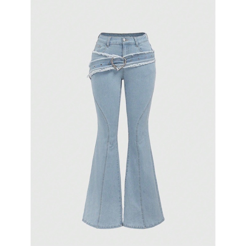 レディースジーンズストレッチハート刺繍イレギュラーヘムデニムパンツレディースカジュアルフィットポケットデニム