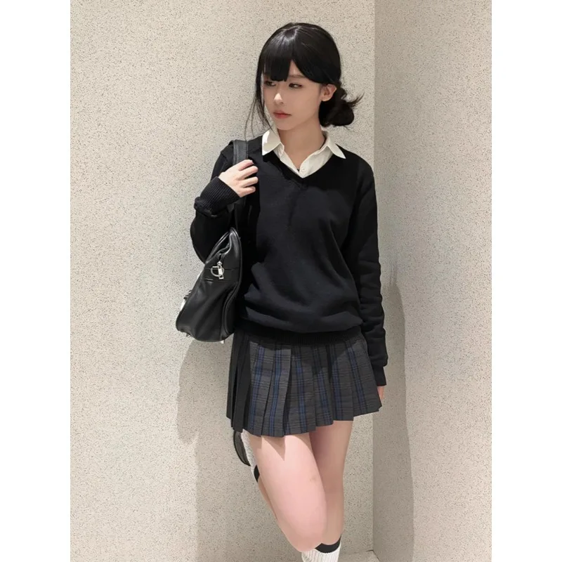 オーバーラップ JK 制服ベスト秋冬ブラックカレッジスタイル重ね着アウターレディース V ネックニットセーター長袖