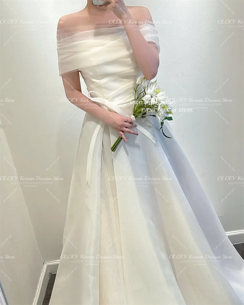 OLOEY A line Off Shoulder Korea Wedding Photo Shoot Dress Organza Floor Length Pleat Bridal Gowns Corset 신부 웨딩드레스 Customi