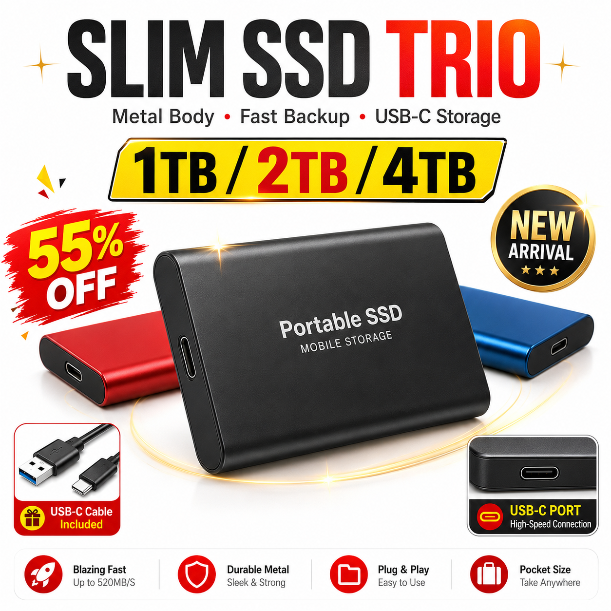4TB 外付け SSD ポータブルストレージハードドライブ USB 3.0 Type-C ハードディスクラップトップ Mac ゲームファイルメディアバックアップ
