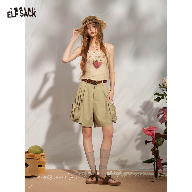 ELFSACK レディース ストロベリーチャーム カーゴショーツ 巾着ポケット付き ハイウエスト カジュアル ワークウェア ショーツ 夏 ストリートウェア