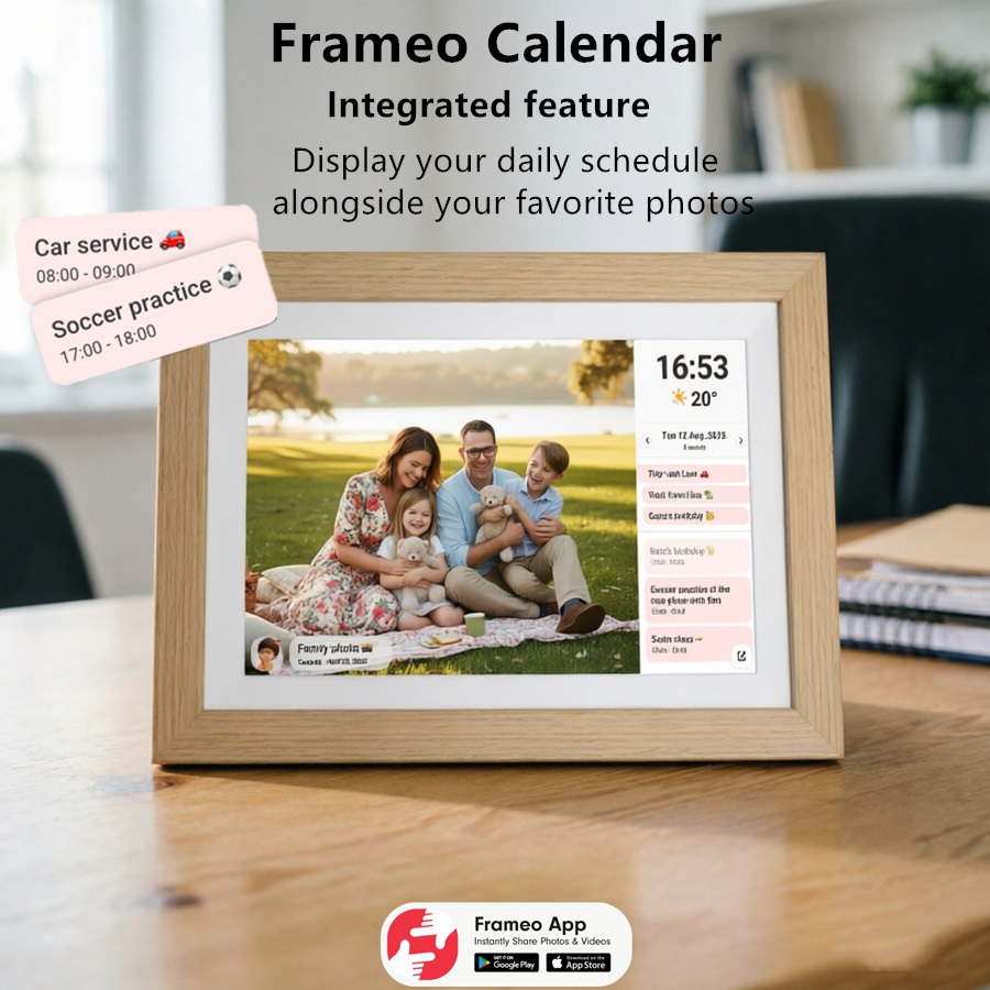 10.1インチ木製電子カレンダーフレーム、写真転送用Wi-Fiモバイルアプリ、Frameo高解像度フォトフレーム32G
