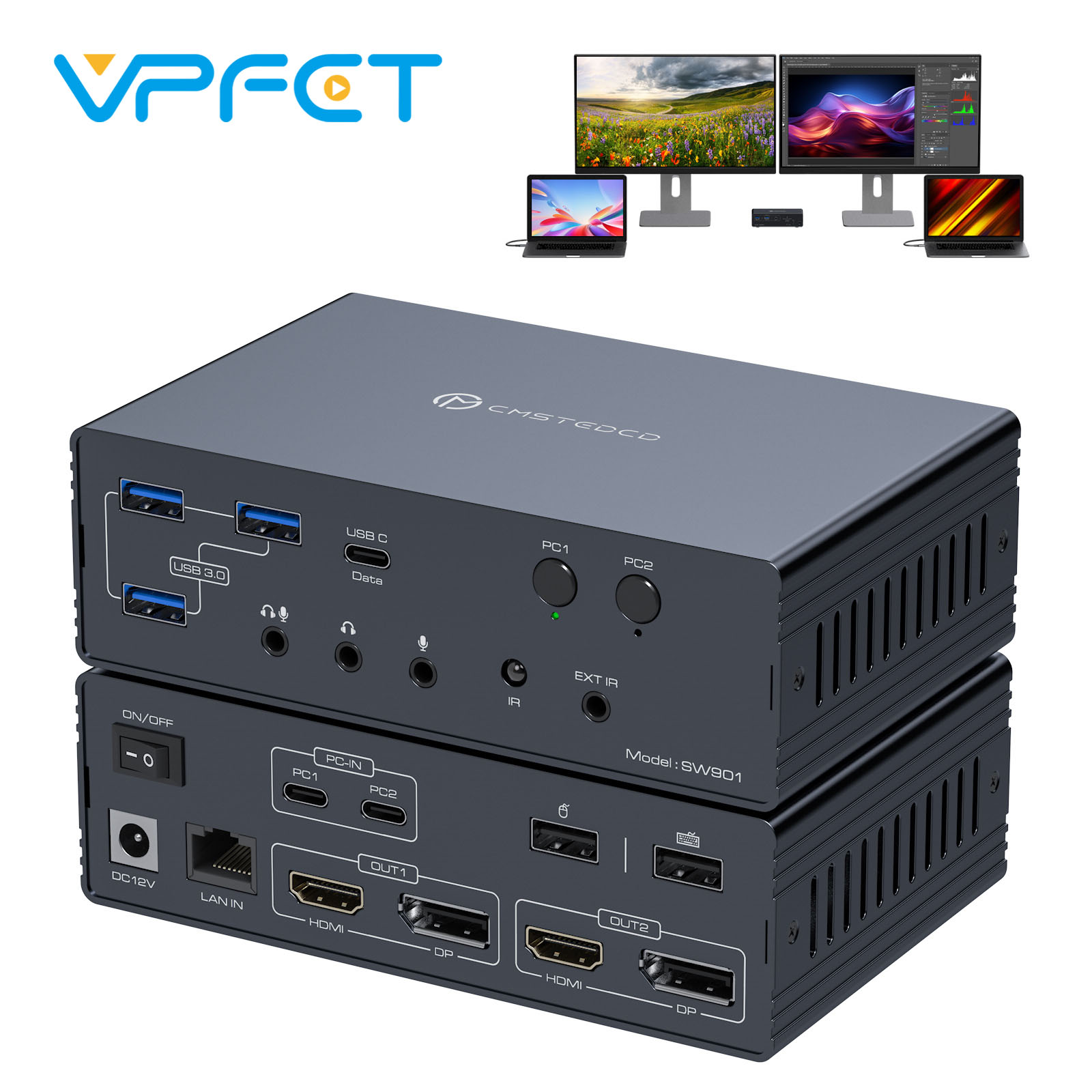 KVM ドッキングステーション デュアルモニター HDMI DP 4K@60Hz デュアルディスプレイ USB 3.0 ハブサポート RJ45 イーサネットオーディオマイク共有キーボードマウス