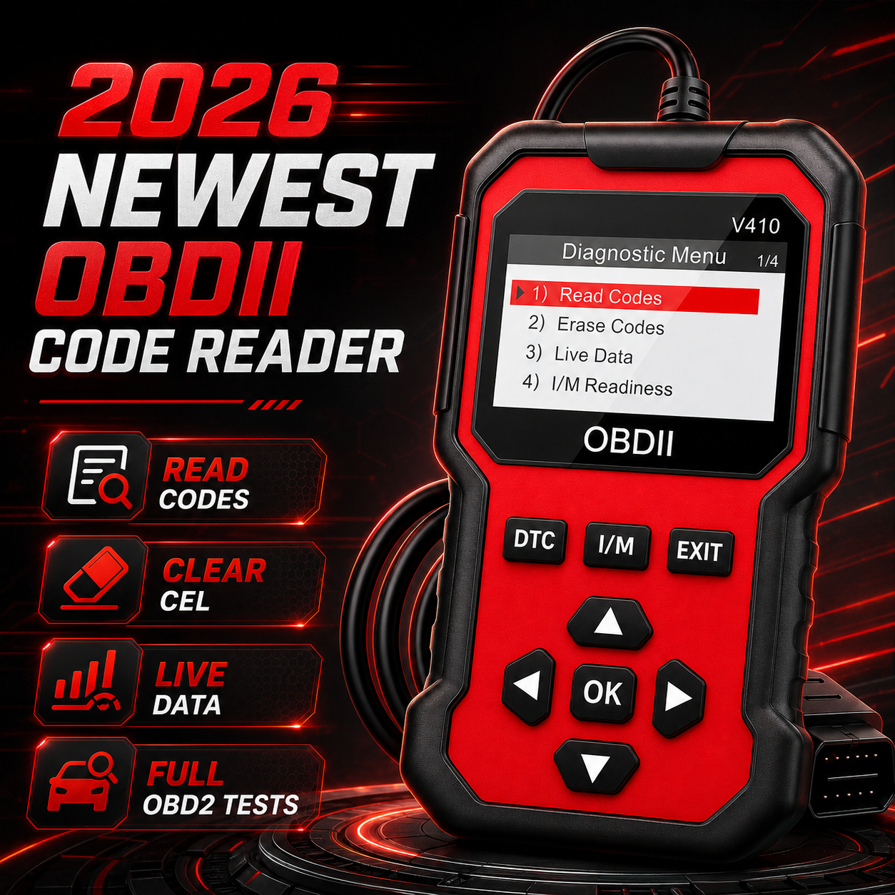 V410 プロフェッショナル OBD2 スキャナー、チェック エンジン ライト コード リーダー、ライブ データ、I/M 対応状況、電圧テスト、OBDII 診断ツール