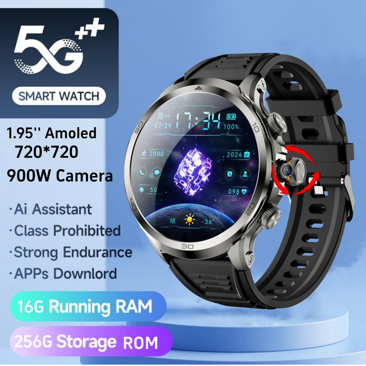 5G フルネットコムスマートウォッチメンズ 1.95 インチ Amoled 大画面 190° ロータリーカメラ 1900Mah バッテリー GPS WIFI Bluetooth 5G スマートウォッチ