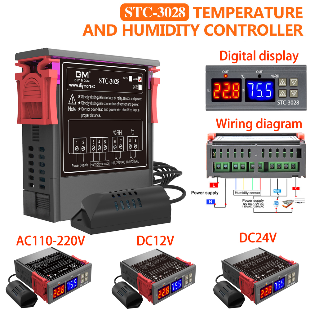 STC-3028 サーモスタット加湿器デジタル温度コントローラ AC110V-220V DC12V 24V 屋内温度湿度コントローラ Senso