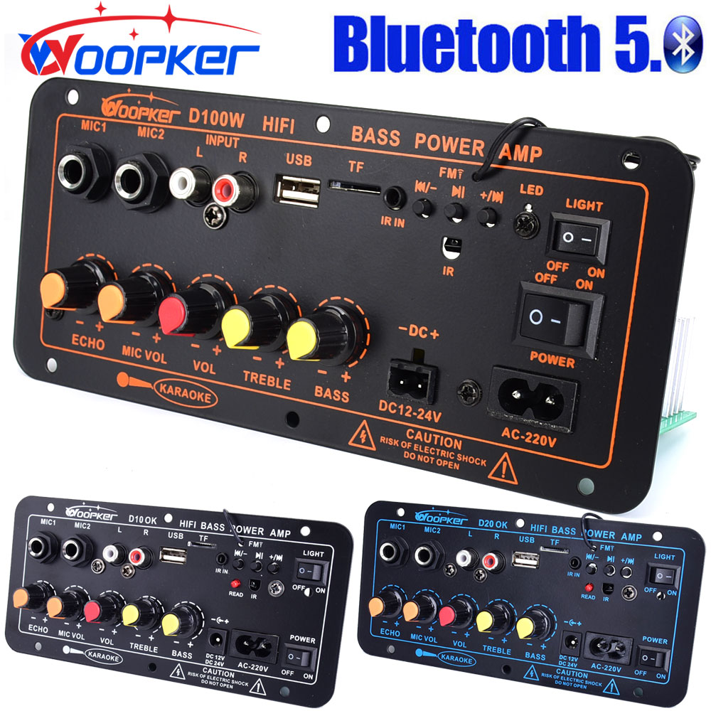 Woopker 300 ワット Bluetooth オーディオアンプボード D100 サブウーファーデュアルマイクアンプモジュール 12V 24V 220V メディアプレーヤー