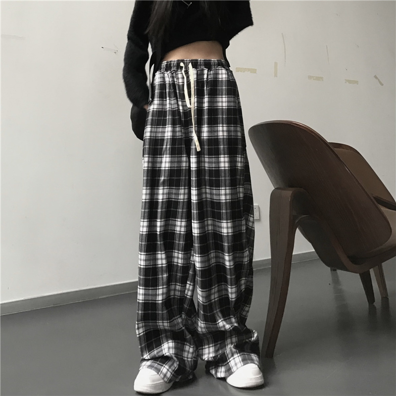 オーバーサイズの女性のスウェットパンツファッション黒のチェック柄カジュアルパンツだぶだぶの弾性ウエストポケット学生ユニセックスヒップホップルーズズボン