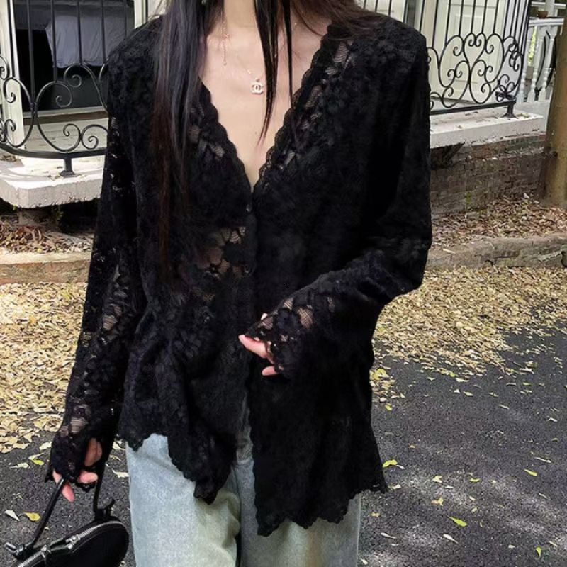 長袖レースブラウス女性服 2025 Blusas Mujer デモーダ中空アウトセクシーなトップスファッション夏の白シャツ