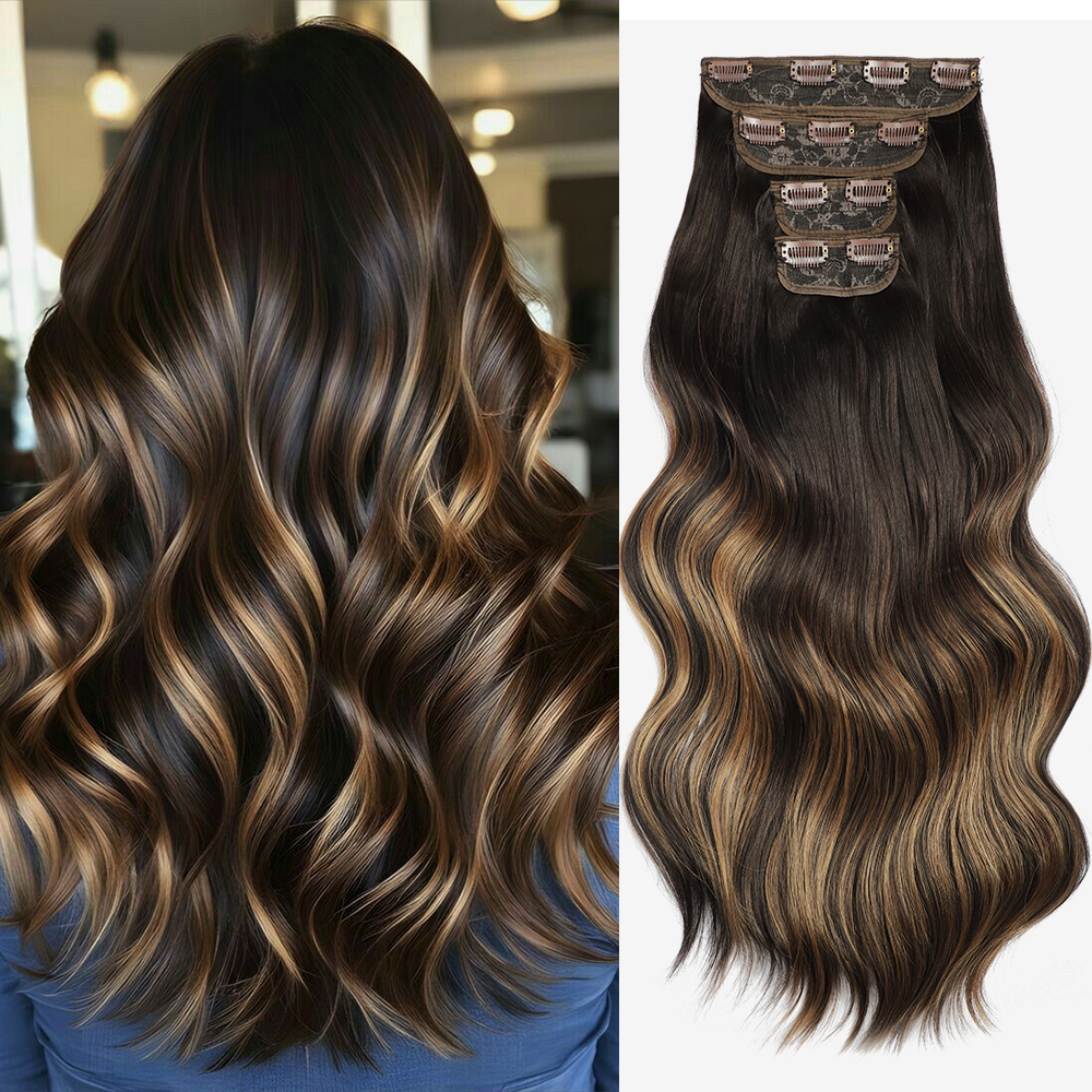 合成波状クリップヘアエクステンション 22 インチ 4 ピース/ロットソフトナチュラルウェーブヘアピース耐熱繊維亜麻ブラウン 220 グラム
