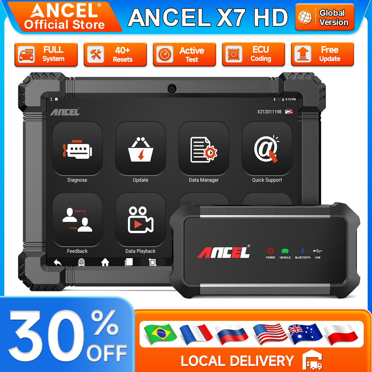 2026 Ancel X7 HD 24V 12V ディーゼル大型トラックスキャナ ECU コーディングすべてのシステムオイルリセット双方向制御診断ツール