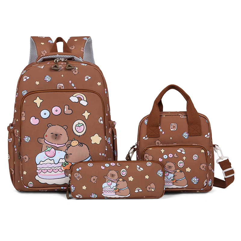 カピバラ カラフル バックパック 3 ピース/セット 女性用 カジュアル スクールバッグ ランチバッグ付き 女の子 男の子 学生 ティーンエイジャー リュックサック
