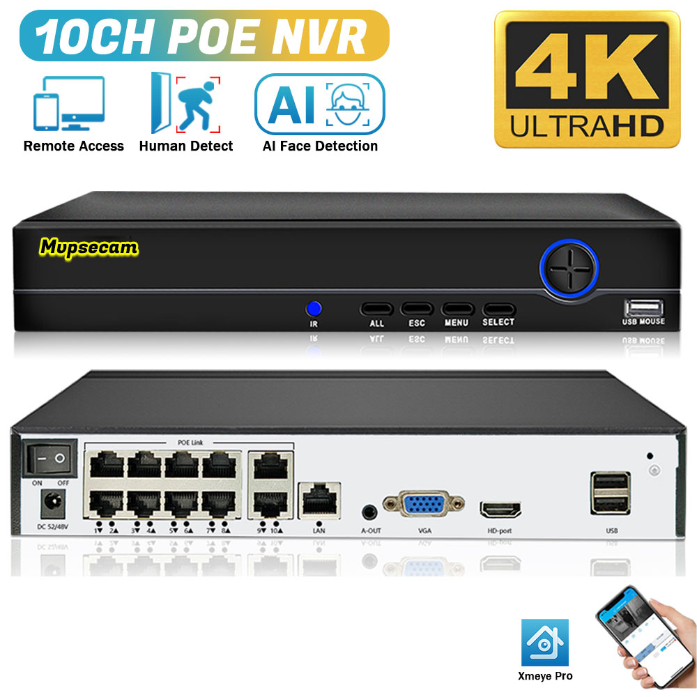 4K 10Ch Poe Nvr 8Mp Cctv セキュリティシステム顔検出 H.265 ネットワーク監視オーディオビデオレコーダー Xmeye リモートアクセス