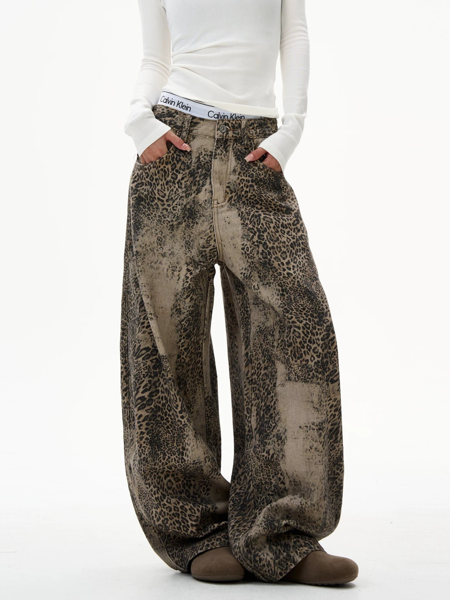 Women Y2K Vintage Leopard Print Wide Leg Jeans High Waist Baggy Distressed Denim Pants Streetwear Loose Trousers
