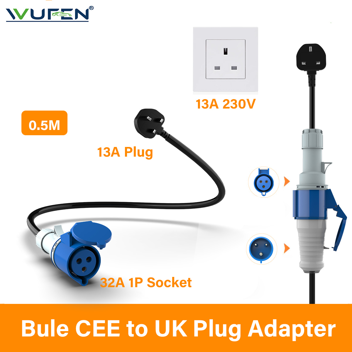 WUFEN 英国プラグに CEE EV 充電器 CEE メスプラグ 3 ピンアダプタウォールマウントソケット英国 13A に 32A 1 相 7KW 充電器に接続