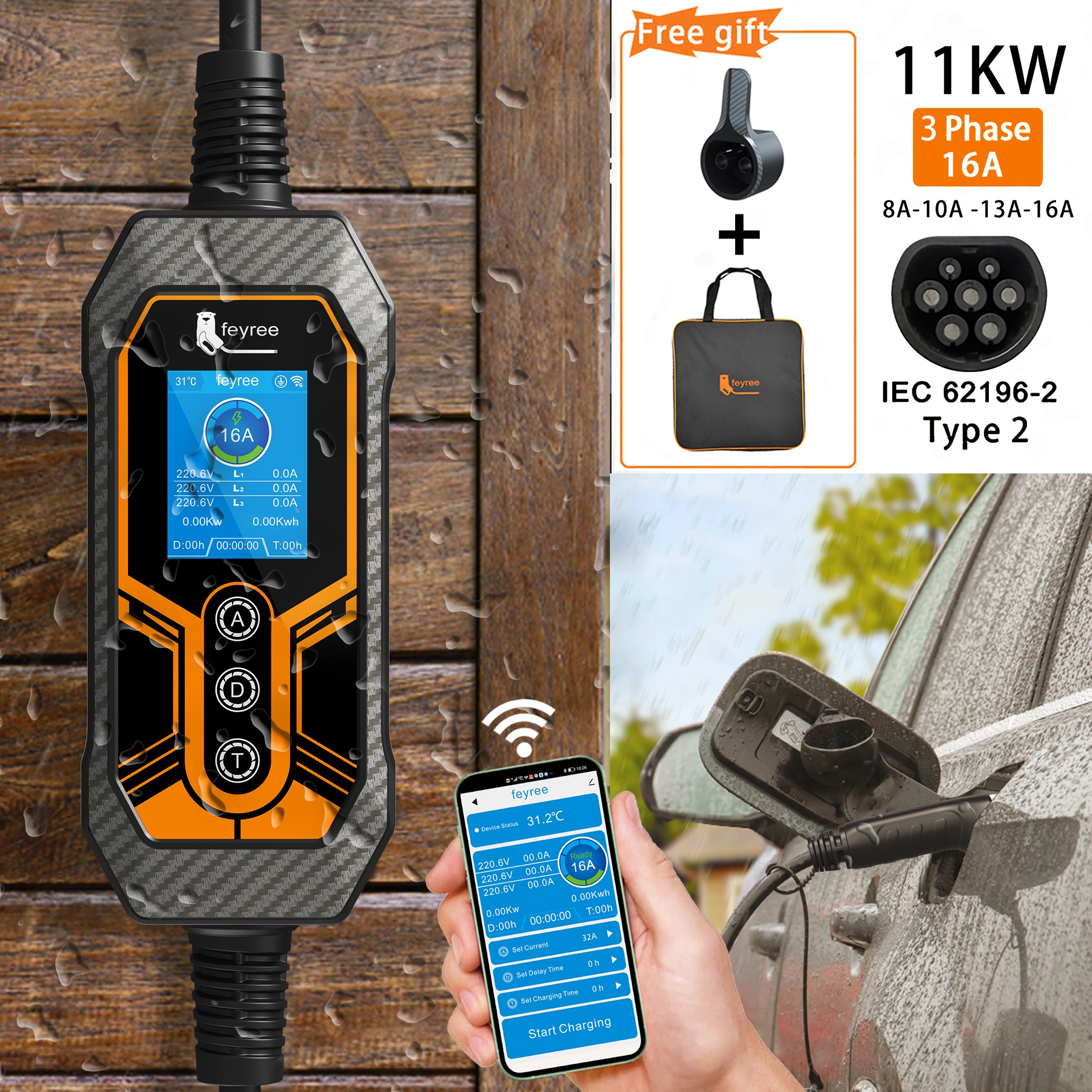 Feyree タイプ 2 ポータブル EV 充電器 11KW 16A 3 相 Wi-Fi アプリ Bluetooth バージョン EVSE 充電ケーブル 5 メートル CEE プラグ電気自動車用