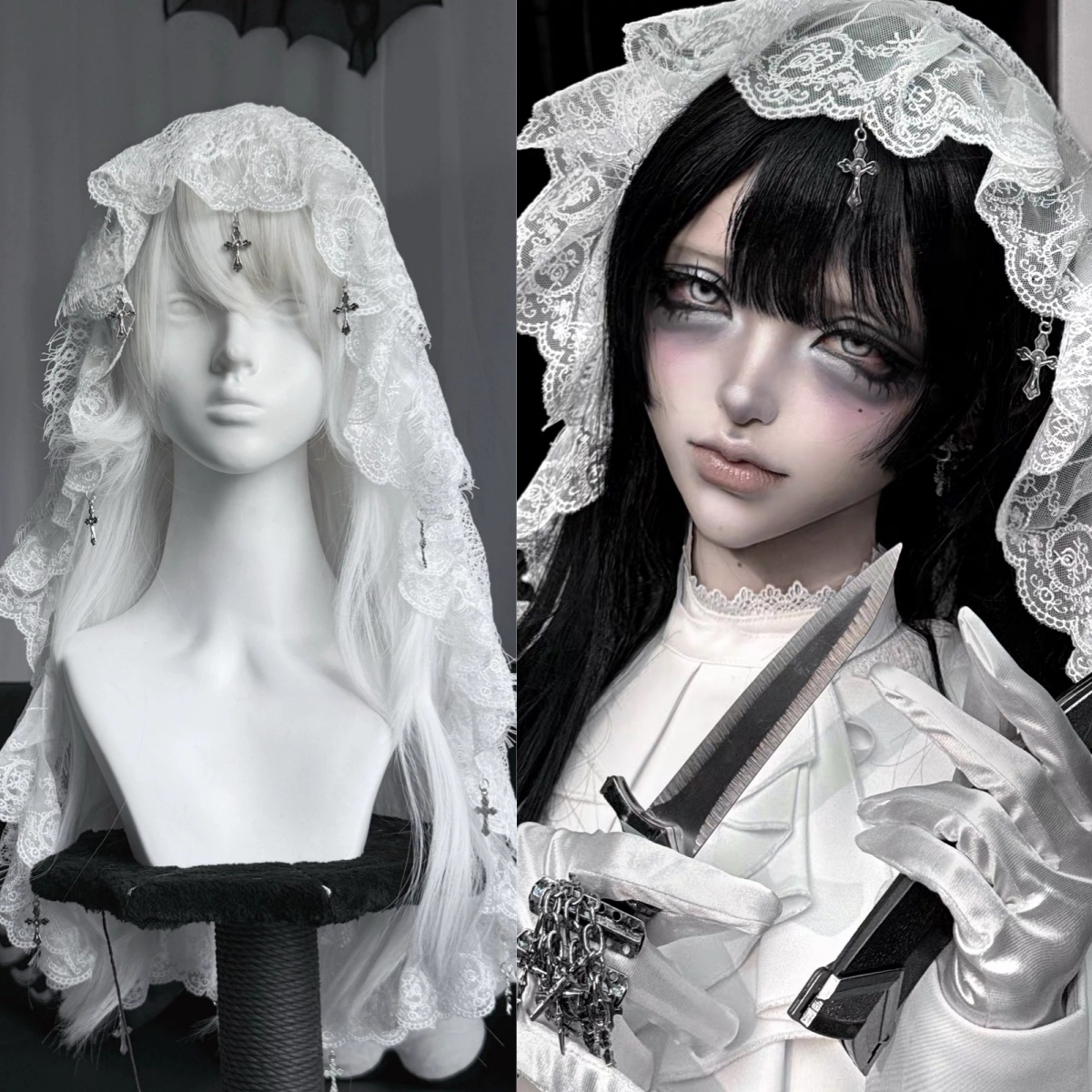 オリジナル Handmadeed 悪かぶとロリータレースクロスゴシック白かぶと Y2K ウェディングベール KC コスプレフリルヘアアクセサリー