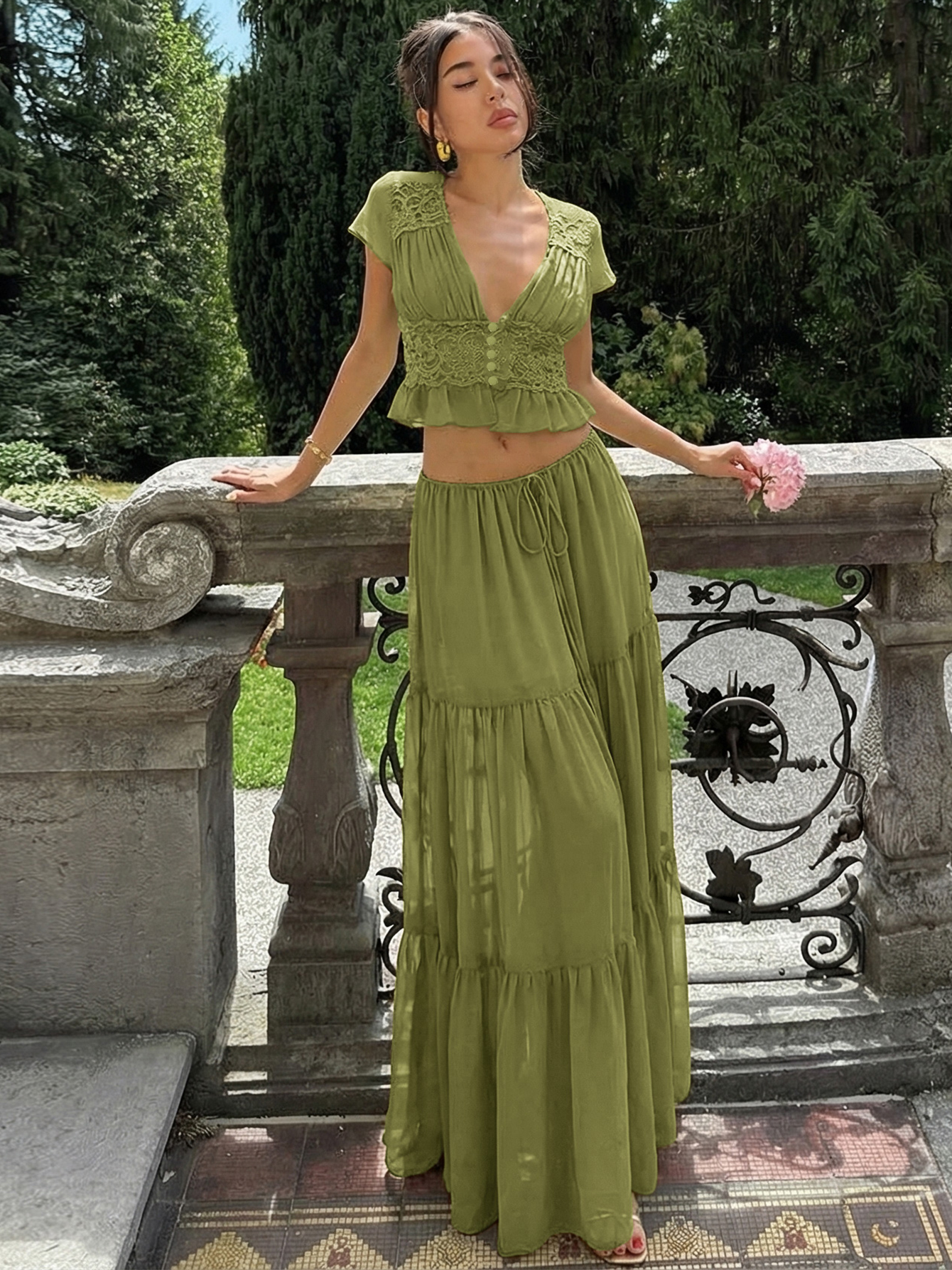 Hugcitar Fashion 2 Piece Sets Solid Short Sleeve Patchwork Lace Crop T-Shirt Lace Up Maxi Skirt Sheer Women Outfits Vacation
