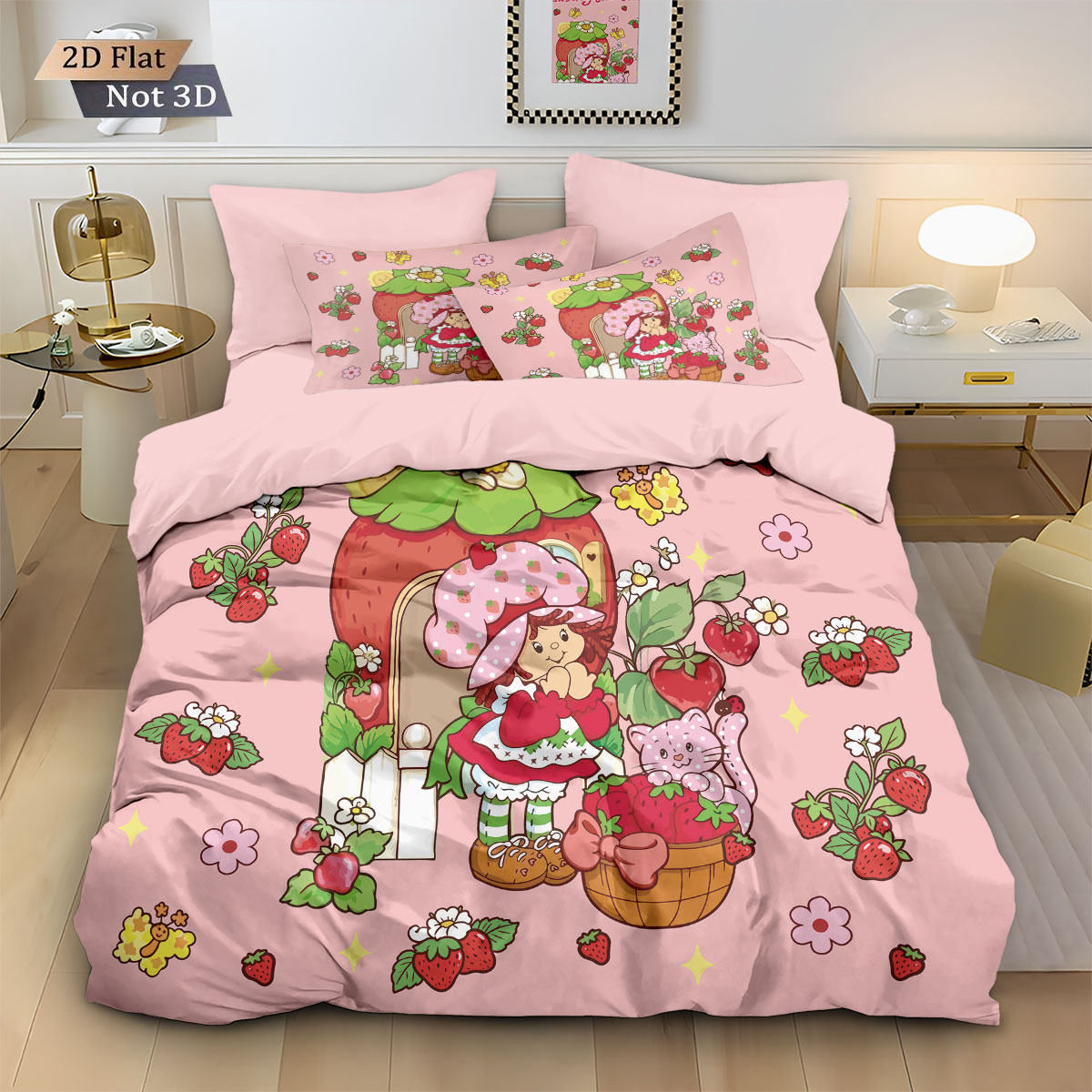 3 個ピンクストロベリーケーキガールプリントコアレス布団カバーセットマルチサイズ寝室寝具装飾快適な洗濯機で洗えます