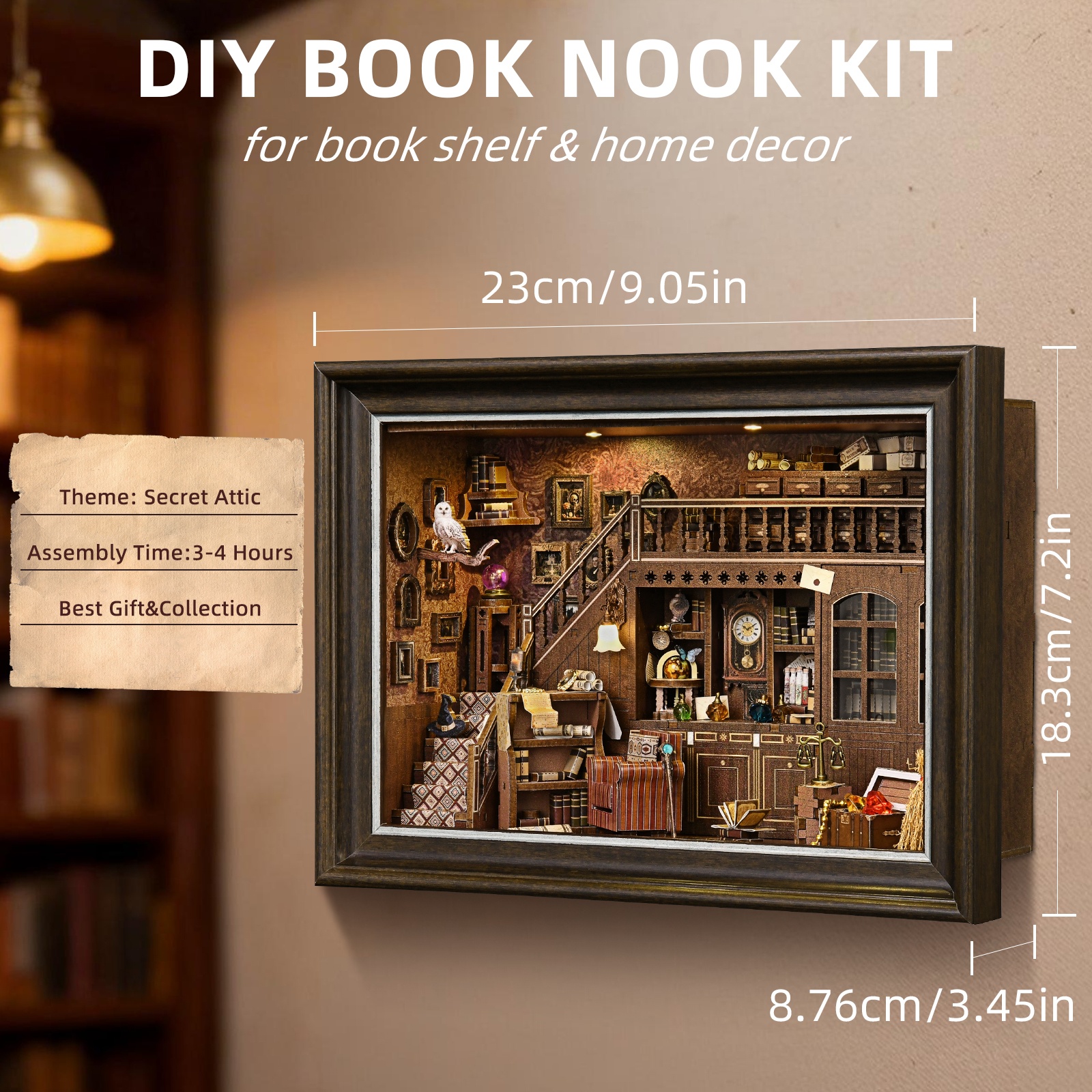 ブックヌークキット秘密の屋根裏部屋 DIY 3D 木製パズル本棚挿入ドールハウスモデルブックエンド建物家の装飾フォトフレーム
