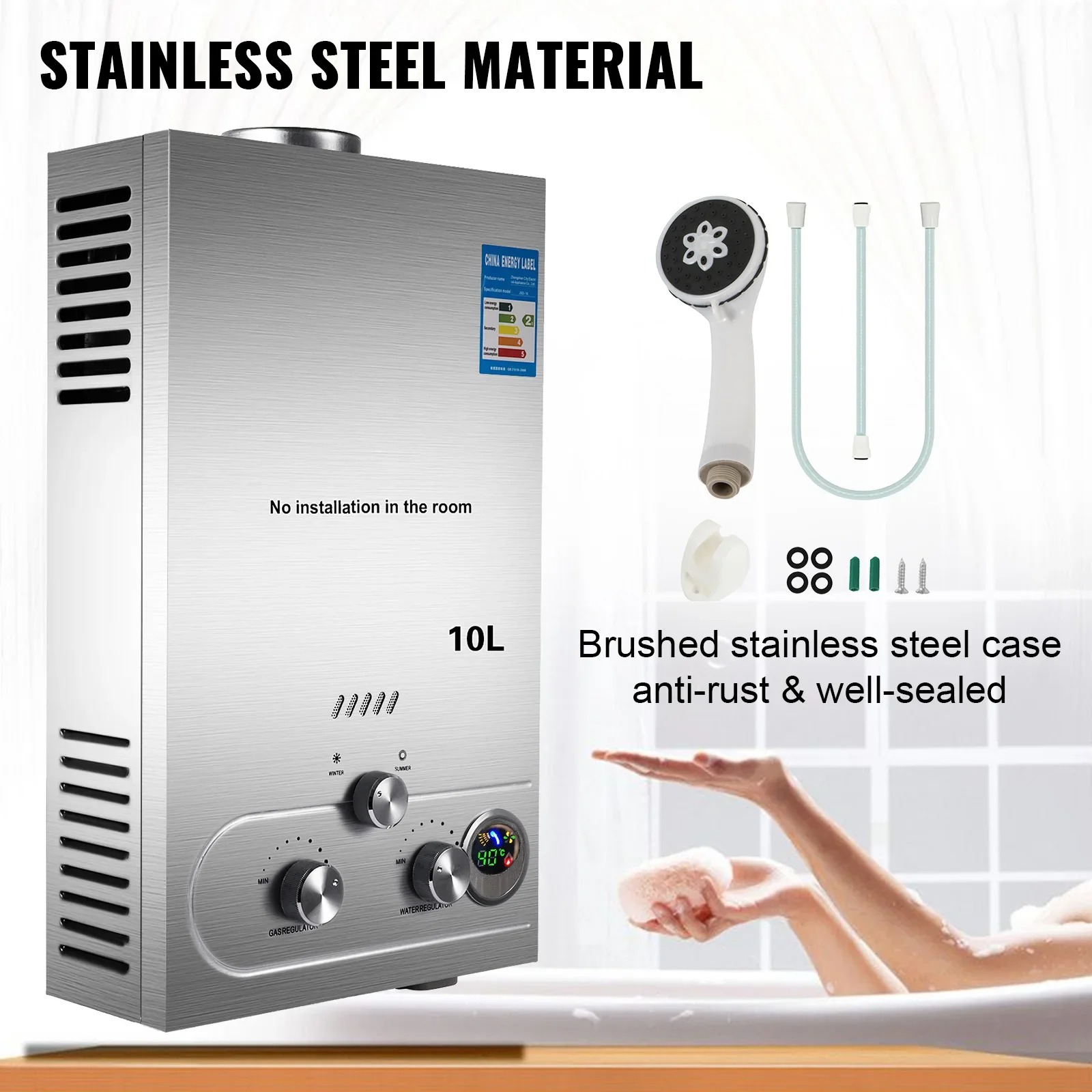 SIHAO タンクレス給湯器 6L/8L/10L/12L/16L/18L LPG プロパンガス、ポータブル壁掛けインスタント給湯器 デジタルディスプレイ付き 屋外入浴用